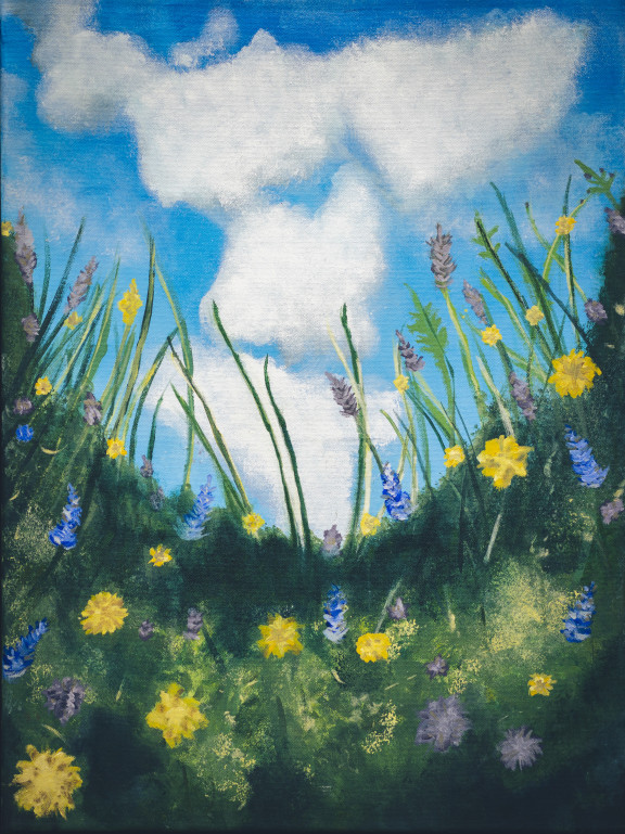 A painting of grass and flowers
