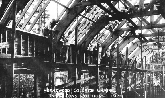 The original Brentwood Chapel in 1924 with students working in the rafters